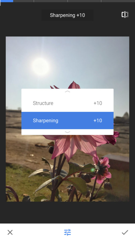 Structure and sharpening tools to increase details using Snapseed